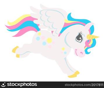 Cute little unicorn flying. Running magic animal with wings isolated on white background. Cute little unicorn flying. Running magic animal with wings
