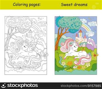 Cute little unicorn sleeps in the forest. Cartoon vector illustration. Kids coloring book page with color template. For coloring, education, print, game, decor, puzzle, design. Cute little unicorn sleeps in the forest coloring book vector