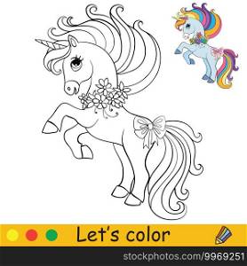 Cute little unicorn with flowers. Coloring book page for children with colorful template. Vector cartoon illustration isolated on white background. For coloring book,preschool education,print and game. Coloring vector cute little unicorn with flowers