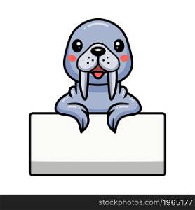 Cute little walrus cartoon with blank sign
