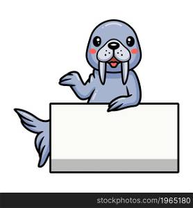 Cute little walrus cartoon with blank sign