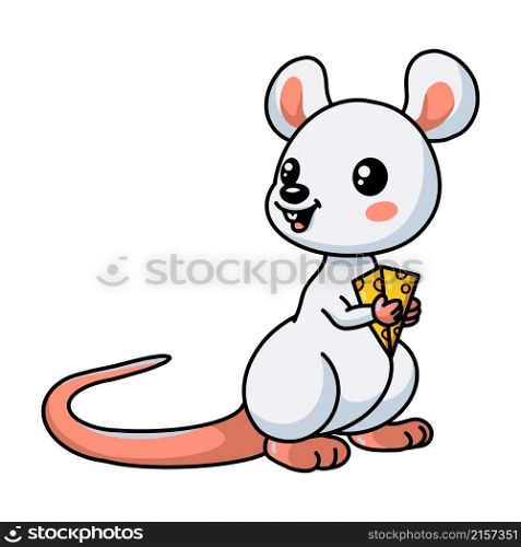Cute little white mouse cartoon holding a cheese