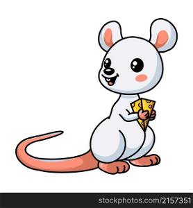 Cute little white mouse cartoon holding a cheese