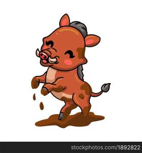 Cute little wild boar cartoon playing a mud