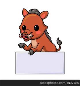 Cute little wild boar cartoon with blank sign