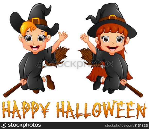 Cute little witch boy and girl flying on broomstick