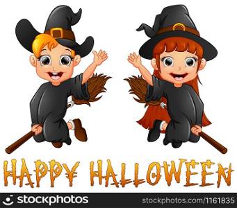 Cute little witch boy and girl flying on broomstick