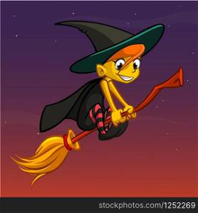 Cute little witch flying. Cartoon vector illustration. Isolated on night background with stars