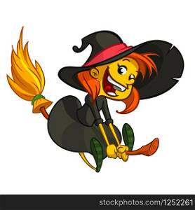 Cute little witch flying. Cartoon vector illustration. Isolated on white