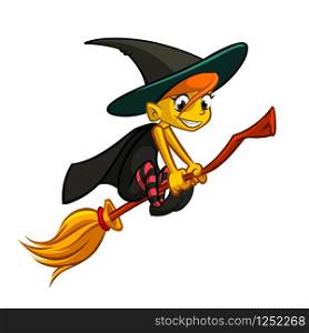 Cute little witch flying. Cartoon vector illustration. Isolated on white