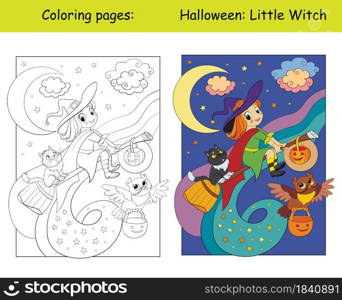 Cute little witch flying on a broomstick with cat and owl. Halloween concept. Coloring book page for children with colorful template. Vector cartoon illustration. For print, decor, education and game. Coloring and colorful Halloween witch flying on a broomstick