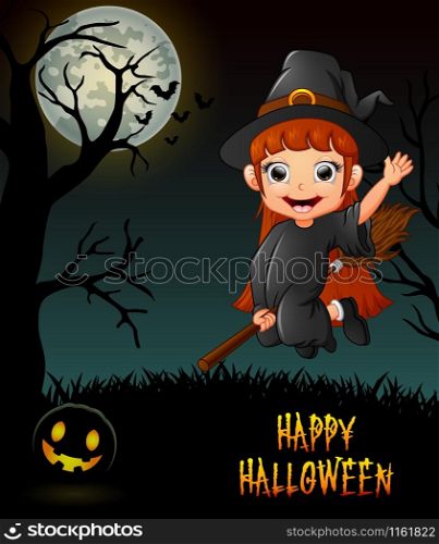 Cute little witch flying riding on broom in night background