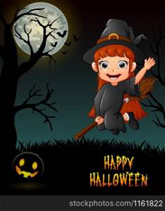 Cute little witch flying riding on broom in night background