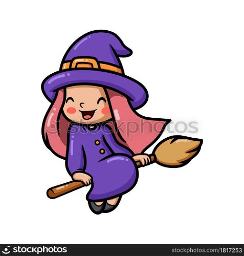 Cute little witch girl cartoon sitting on broomstick
