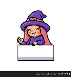 Cute little witch girl cartoon with blank sign