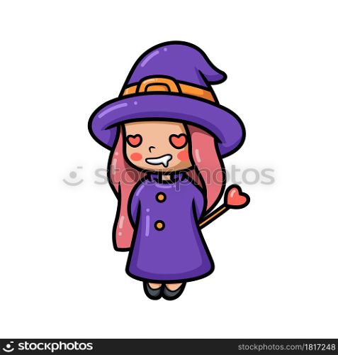 Cute little witch girl cartoon with red heart eyes