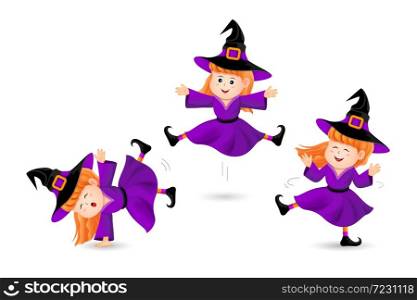 Cute little witch three acts. Halloween characters design. Happy Halloween concept. Illustration isolated on white background.