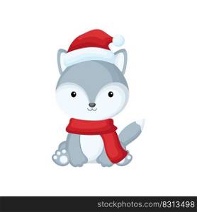 Cute little wolf sitting in a Santa hat and red scarf. Cartoon animal character for kids t-shirts, nursery decoration, baby shower, greeting card, invitation. Isolated vector stock illustration