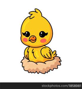 Cute little yellow chick cartoon sitting in a nest