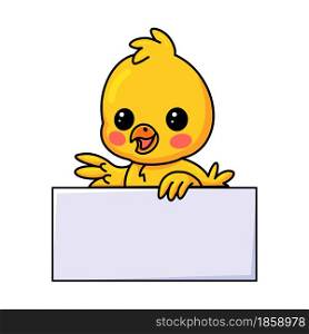 Cute little yellow chick cartoon with blank sign