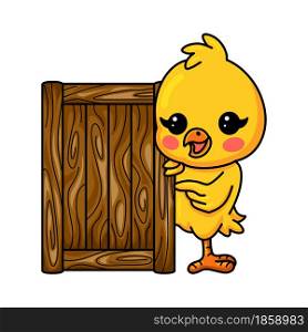 Cute little yellow chick cartoon with wooden board