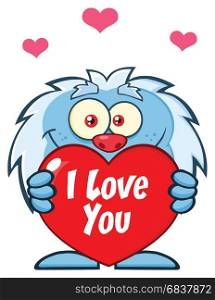 Cute Little Yeti Cartoon Mascot Character Holding A Valentine Love Heart. Illustration Isolated On White Background With Text I love You
