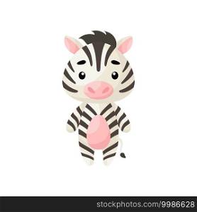 Cute little zebra on white background. Cartoon animal character for kids cards, baby shower, birthday invitation, house interior. Bright colored childish vector illustration in cartoon style.