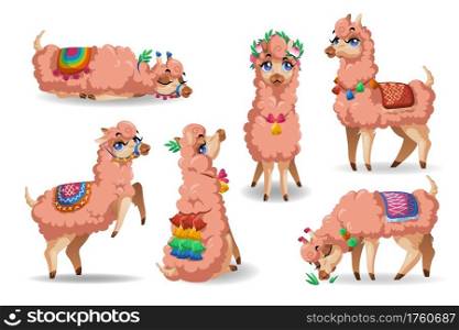 Cute llama character in different poses isolated on white background. Vector set of cartoon mascot, adorable alpaca sitting, sleep, eat grass, sad and happy. Creative emoji set, funny lama chatbot. Cute llama character in different poses