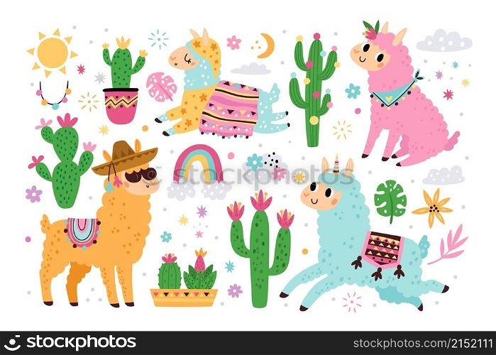 Cute llama elements and cacti. Funny animals with plants, fluffy alpacas with patterned blankets and saddles, peruvian camels and unicorns, childish decor collection vector cartoon flat isolated set. Cute llama elements and cacti. Funny animals with plants, fluffy alpacas with patterned blankets and saddles, peruvian camels and unicorns, childish decor vector cartoon flat isolated set