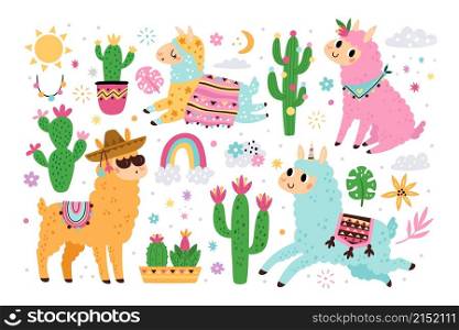 Cute llama elements and cacti. Funny animals with plants, fluffy alpacas with patterned blankets and saddles, peruvian camels and unicorns, childish decor collection vector cartoon flat isolated set. Cute llama elements and cacti. Funny animals with plants, fluffy alpacas with patterned blankets and saddles, peruvian camels and unicorns, childish decor vector cartoon flat isolated set