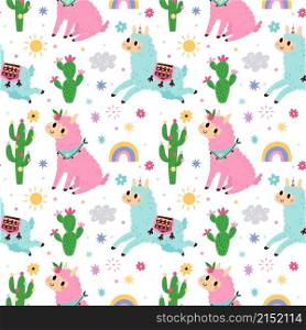 Cute llama elements seamless pattern. Pink and blue funny alpacas and cacti, trendy fluffy animals isolated on white background. Childish decor textile, wrapping paper wallpaper vector print or fabric. Cute llama elements seamless pattern. Pink and blue funny alpacas and cacti, trendy fluffy animals isolated on white background. Childish decor textile, wrapping paper wallpaper, vector print