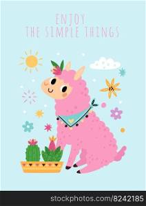 Cute llama. Holiday greeting cards. Funny pink fluffy alpacas with cactuses. Motivational inscription. Peru baby animal. Happy little lama character. Floral elements. Vector cartoon childish poster. Cute llama. Holiday greeting card. Funny pink alpacas with cactuses. Motivational inscription. Peru baby animal. Happy lama character. Floral elements. Vector cartoon childish poster