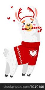 Cute llama with christmas candy cane. Cartoon alpaca in hearts isolated on white background. Cute llama with christmas candy cane. Cartoon alpaca in hearts