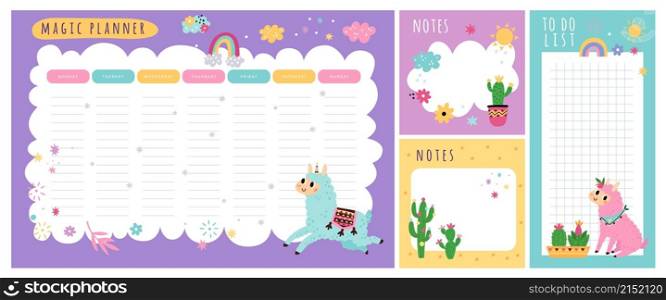 Cute llamas weekly planner. Kids schedule of classes. Notes and to do list. Memo pages with cactuses. Magic alpaca unicorn. Timetable design with animals. Blank organizer sheets. Vector reminders set. Cute llamas weekly planner. Kids schedule of classes. Notes and to do list. Memo pages with cactuses. Alpaca unicorn. Timetable design with animals. Organizer sheets. Vector reminders set