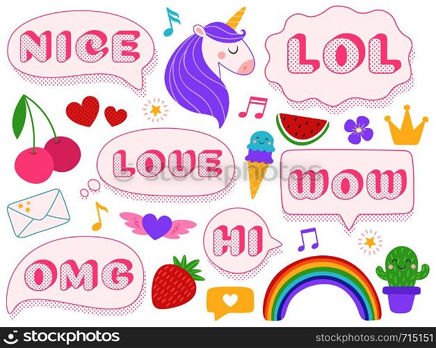 Cute lol stickers. Wow, omg and nice girls doll sticker. Funny surprise pink patches with dotted texture. Unicorn, cherry and ice cream stickers, teenager isolated vector symbols set. Cute lol stickers. Wow, omg and nice girls doll sticker. Funny surprise pink patches with dotted texture isolated vector set