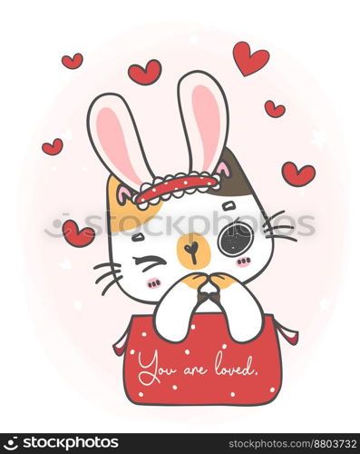 cute lovely smile bunny ears white kitten cat girl in red gift box with mini heart paw gesture, you are loved, animal cartoon doodle hand drawing 