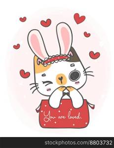 cute lovely smile bunny ears white kitten cat girl in red gift box with mini heart paw gesture, you are loved, animal cartoon doodle hand drawing 