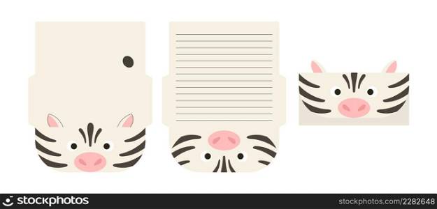 Cute lovely zebra letter writing stationery paper laser cutting card template. Animal design for greeting, invitation, thank you cards. Vector stock illustration.