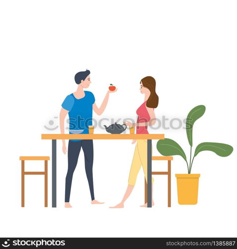 Cute loving couple at table, drinking tea or coffee and eating together at home.. Cute loving couple at table, drinking tea or coffee and eating together at home. Daily life of cute happy couple. Male female characters. Vector illustration flat cartoon