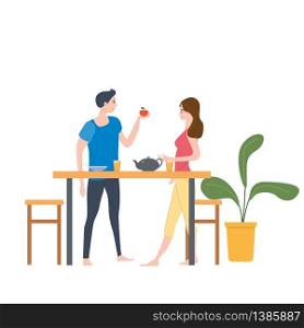 Cute loving couple at table, drinking tea or coffee and eating together at home.. Cute loving couple at table, drinking tea or coffee and eating together at home. Daily life of cute happy couple. Male female characters. Vector illustration flat cartoon