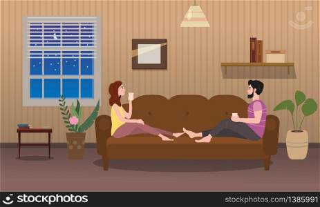 Cute loving couple on cozy sofa, drinking tea or drinks and eating together at home. Cute loving couple on cozy sofa, drinking tea or drinks and eating together at home. Daily life of cute happy couple. Male female characters. Vector illustration flat cartoon