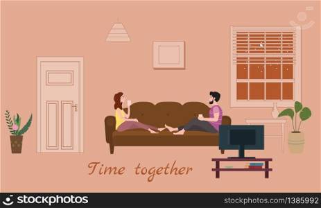 Cute loving couple on cozy sofa, drinking tea or drinks and eating together at home. Cute loving couple on cozy sofa, drinking tea or drinks and eating together at home. Daily life of cute happy couple. Male female characters. Vector illustration flat cartoon