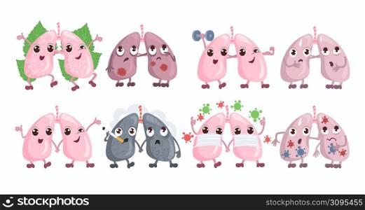 Cute lungs characters. Healthy and damaged human pair internal organs. Causes and consequences respiratory diseases. Benefits and harms of actions. Vector happy or sick anatomy cartoon mascots set. Cute lungs characters. Healthy and damaged human internal organs. Causes and consequences respiratory diseases. Benefits and harms of actions. Vector happy or sick anatomy mascots set