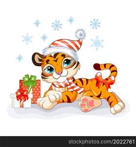 Cute lying tiger in a Christmas hat with gifts and snowflakes. Cartoon tiger character. Vector cartoon isolated illustration. For postcard, posters, design, greeting card, stickers, decor,kids apparel. Cute Christmas lying tiger with gifts vector