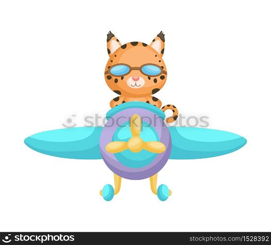 Cute lynx pilot wearing aviator goggles flying an airplane. Graphic element for childrens book, album, scrapbook, postcard, mobile game. Flat vector stock illustration isolated on white background.