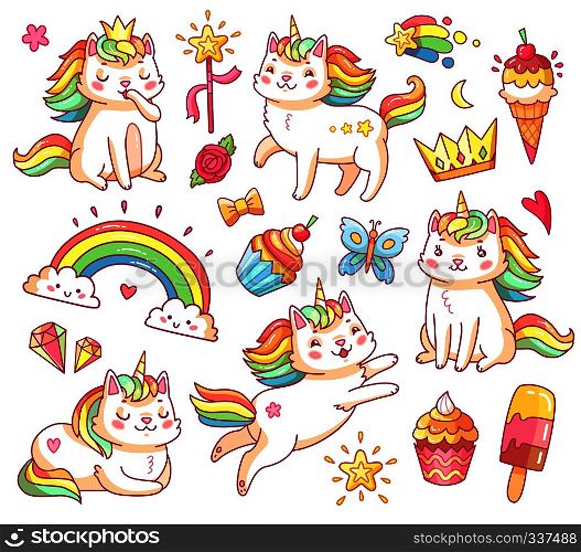 Cute magic colorful fairytale funny unicorn cats in crown, sweet cupcakes, ice cream, rainbow and clouds. Cartoon fairy smiling cat creature, kitty with color tail vector set illustration. Magic unicorn cats in crown, sweet cupcakes, ice cream, rainbow and clouds. Cartoon fairy smiling cat, kitty with color tail vector set