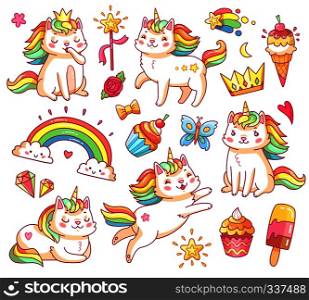 Cute magic colorful fairytale funny unicorn cats in crown, sweet cupcakes, ice cream, rainbow and clouds. Cartoon fairy smiling cat creature, kitty with color tail vector set illustration. Magic unicorn cats in crown, sweet cupcakes, ice cream, rainbow and clouds. Cartoon fairy smiling cat, kitty with color tail vector set