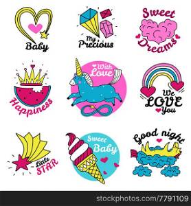 Cute magic emblems colored set of precious sweets stars hearts unicorn rainbow images isolated vector illustration . Cute Magic Emblems