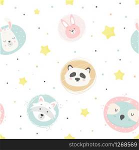Cute magic seamless pattern with animals panda, owl, llama, rabbit, raccoon. Cute magic seamless pattern with handdrawn animals
