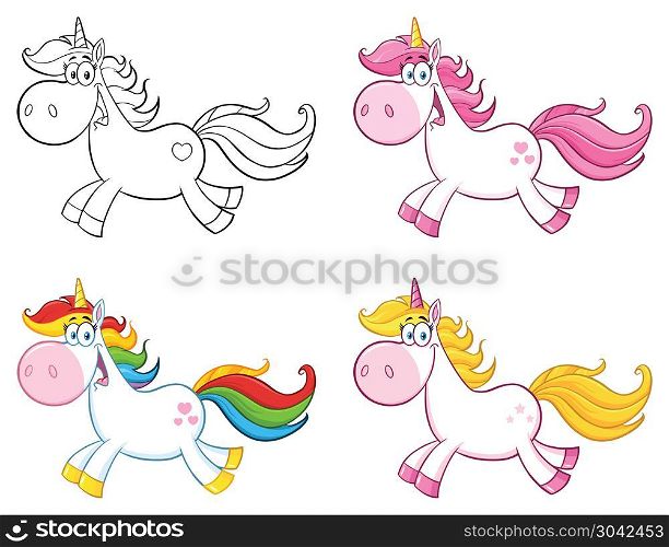 Cute Magic Unicorn Cartoon Mascot Character Set 1. Vector Collection Isolated On White Background
